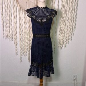 Saylor Featured at Free People Black and Navy Lace Open Back Below Knee Dress Sm